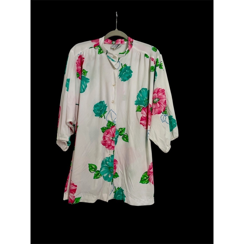 NWT VINTAGE LADY WINN BY TEDDI WHITE FLORAL BUTTON FRONT BLOUSE 40‎